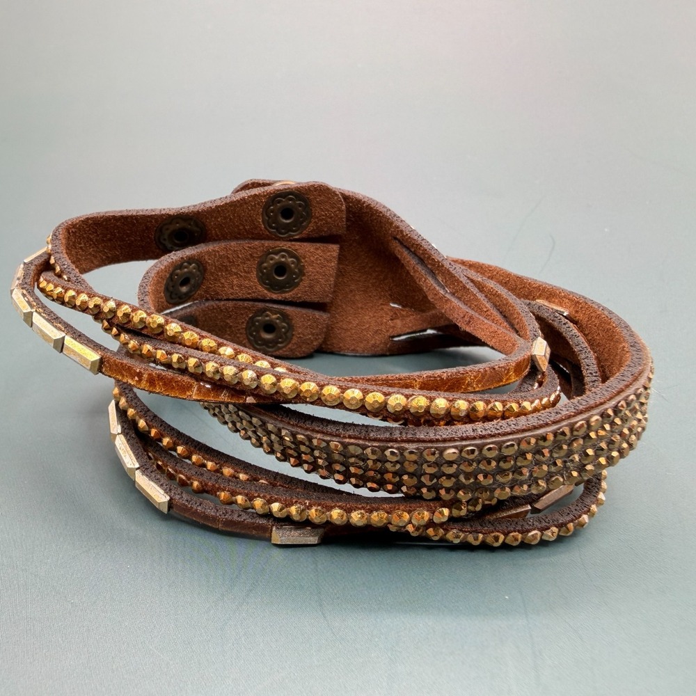 Brown Multi Strand Rhinestone Wrap Bracelet Gold Tone Boho Festival Jewelry Cuff